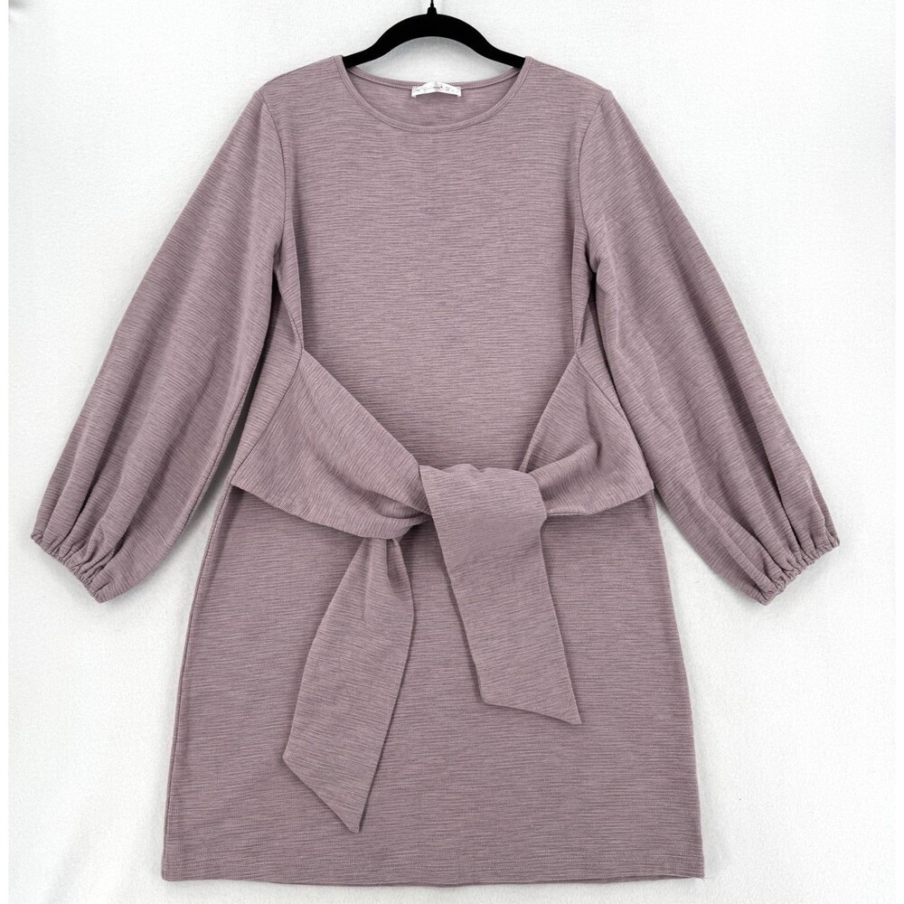 R.Vivimos Dress L Dusty Mauve Tie Front Balloon Sleeve Knit Mini Casual Chic